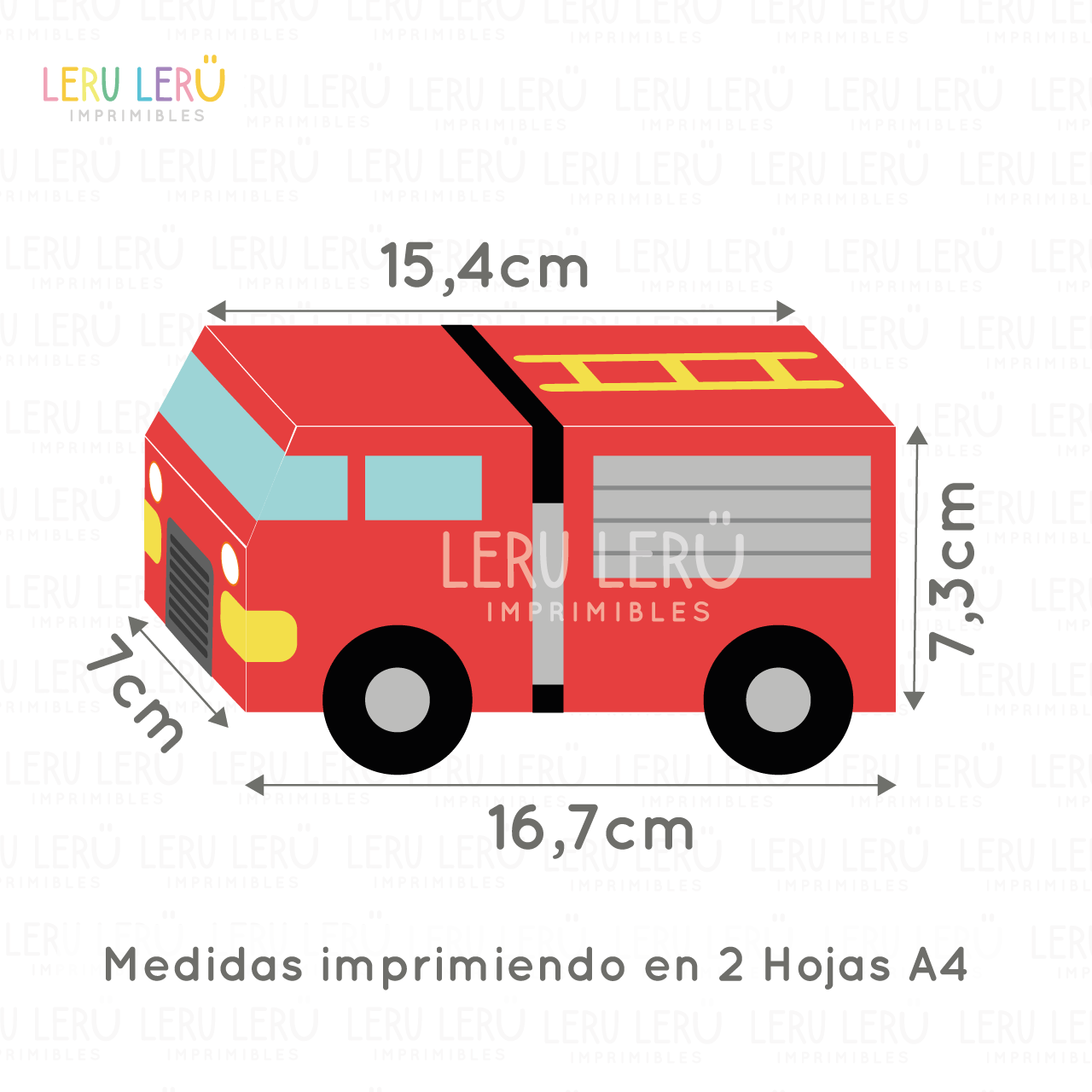 Medidas de la caja con forma de camion de bomberos imprimiendo en 2 hojas A4