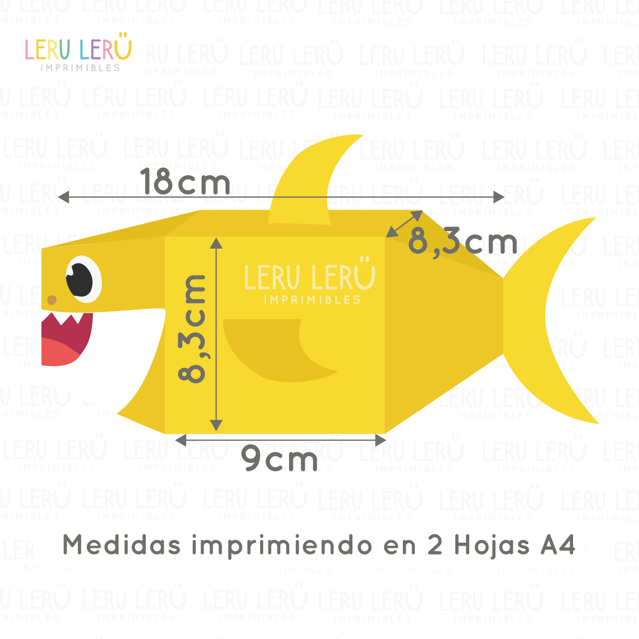 Medida de la caja bebé tiburón imprimiendo en 2 hojas A4