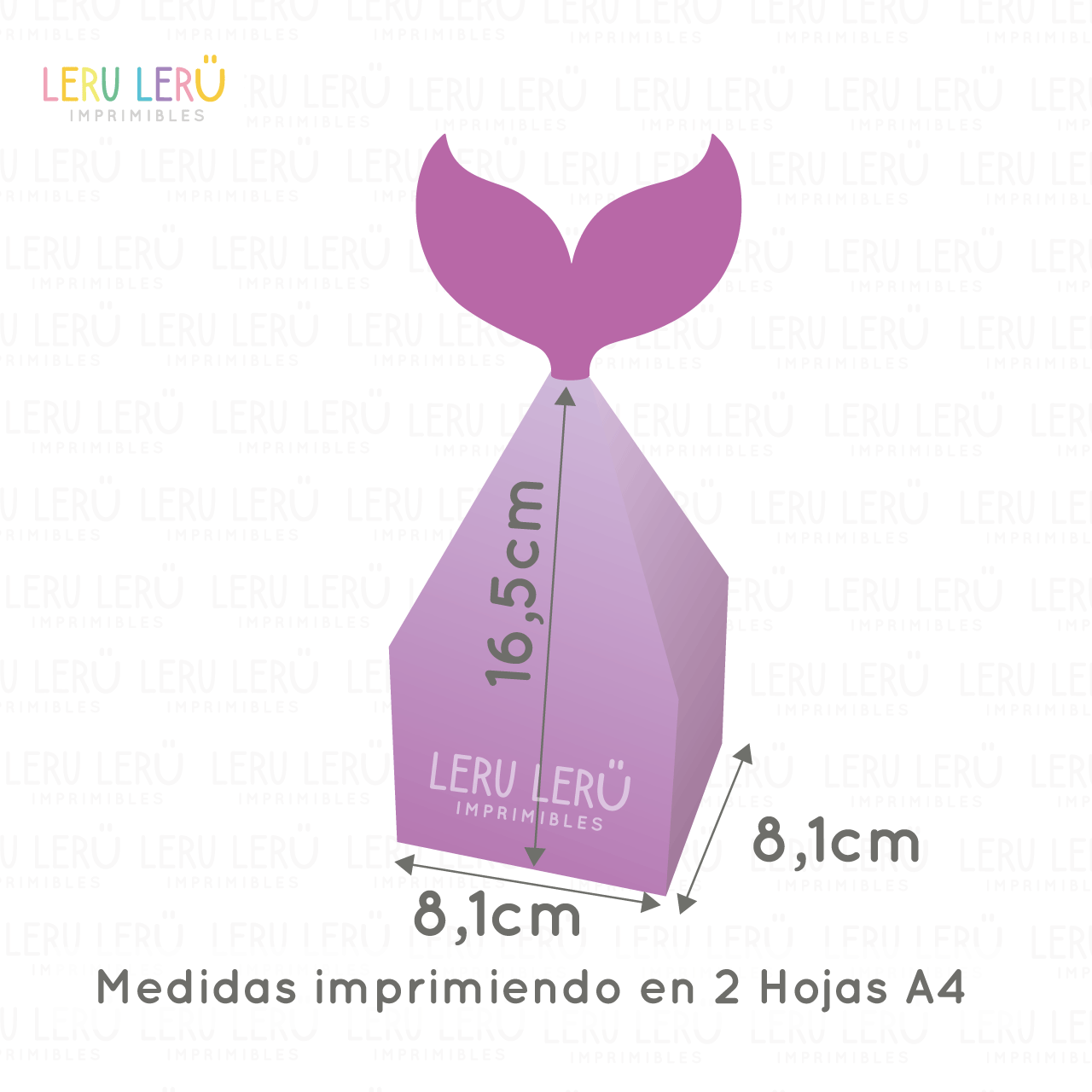 Medida de la caja cola de sirena imprimiendo en 2 hojas A4