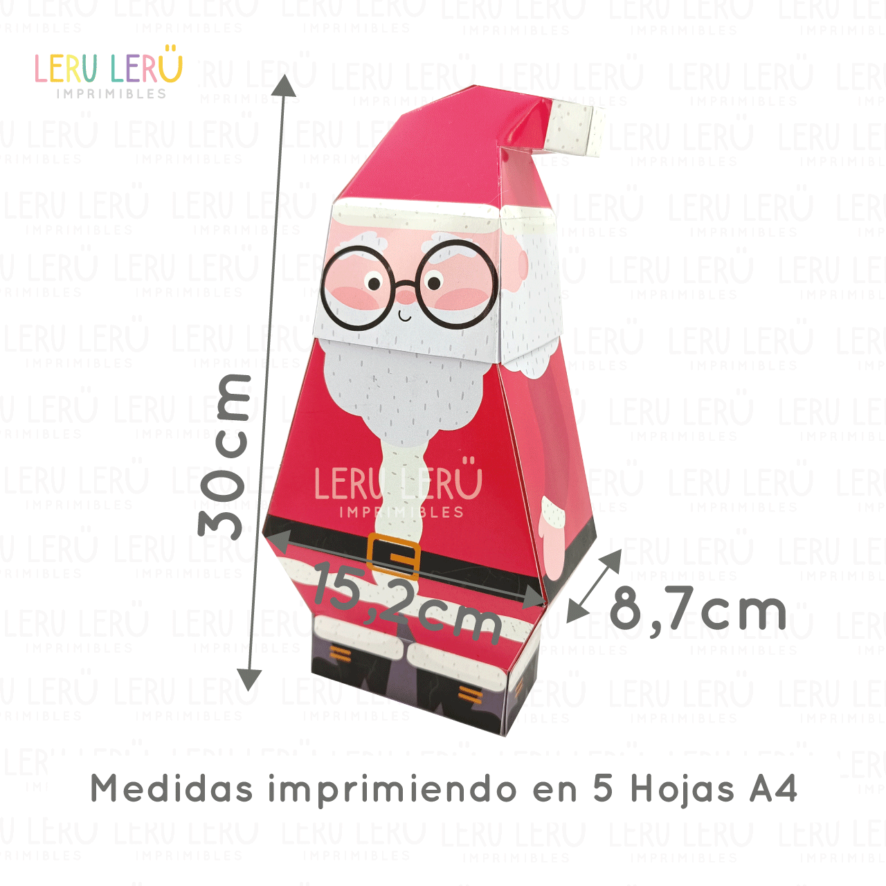 Medidas de la caja con forma de Santa Claus imprimiendo en 5 hojas A4
