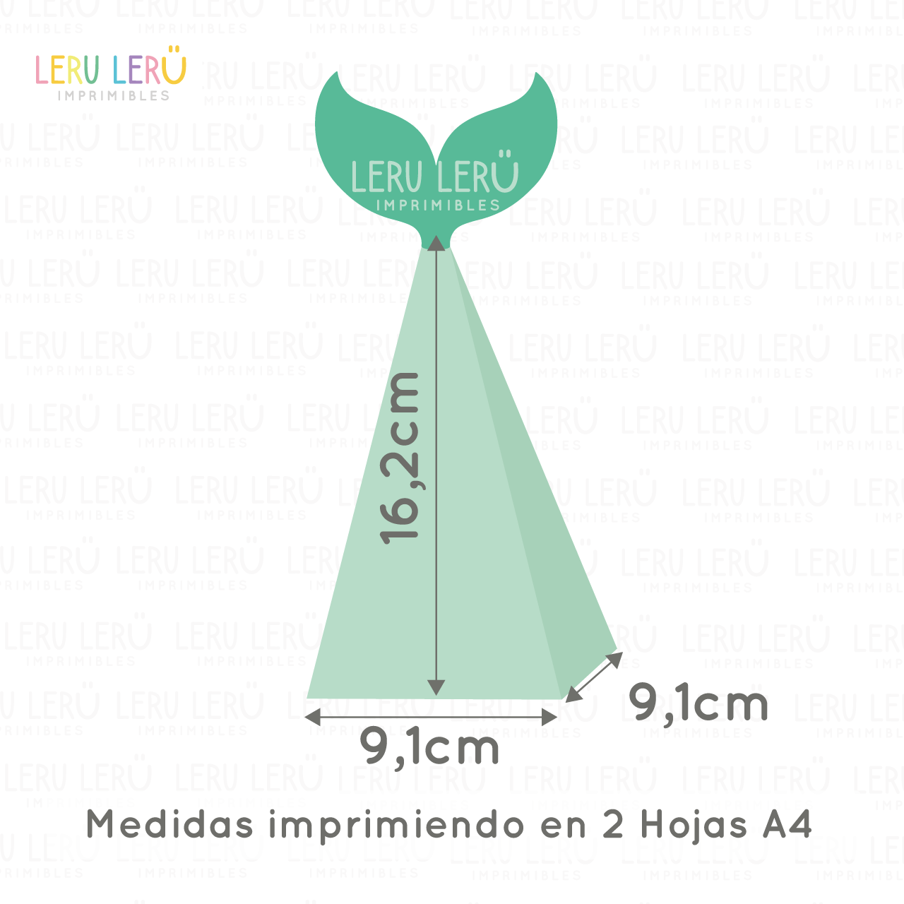 Medida de caja con forma de cola de sirena imprimiendo en 2 hojas A4